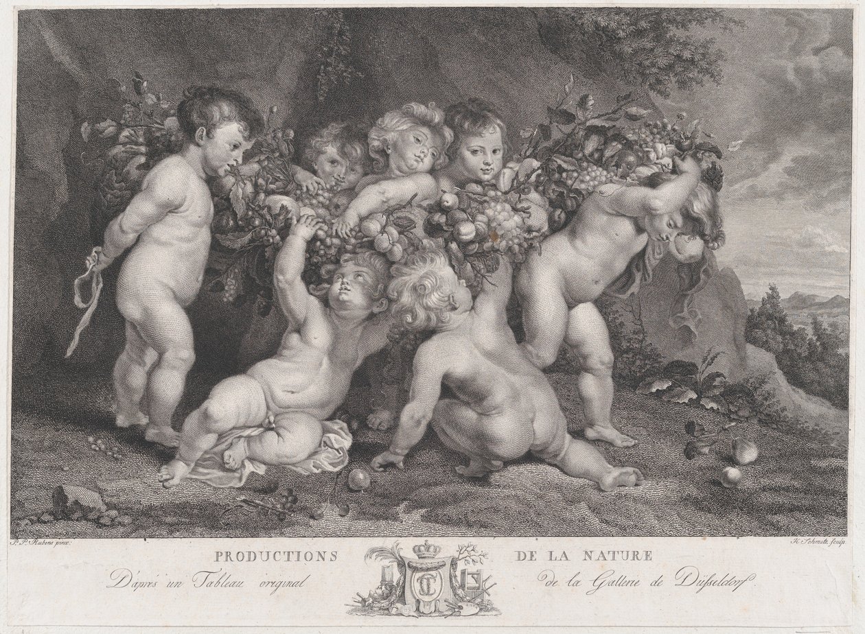 Sept putti portant une guirlande de fruits - Heinrich Schmitz