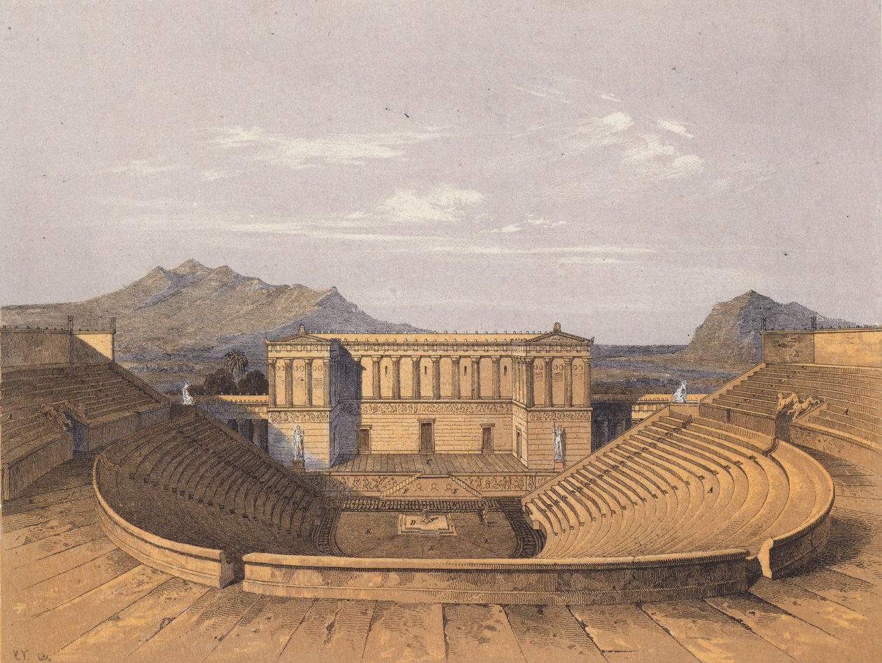 Théâtre grec antique, Segesta, Sicile (lithographie couleur) - Heinrich Strack