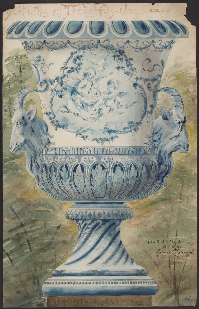 Grande urne bleue ornée de deux têtes de chèvre - Helmer Osslund
