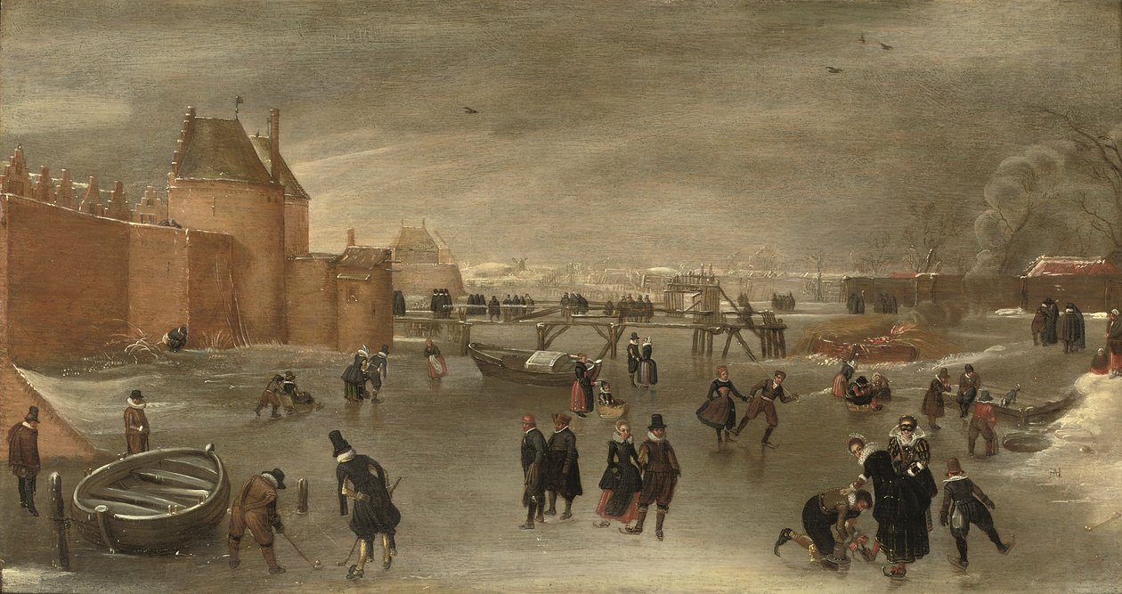 Patineurs, joueurs de kolf et traîneaux sur une rivière gelée près de la porte de la ville St. Janspoort, avec la Kruispoort en arrière-plan et le moulin Pink au-delà, Haarlem - Hendrick Avercamp (studio of)