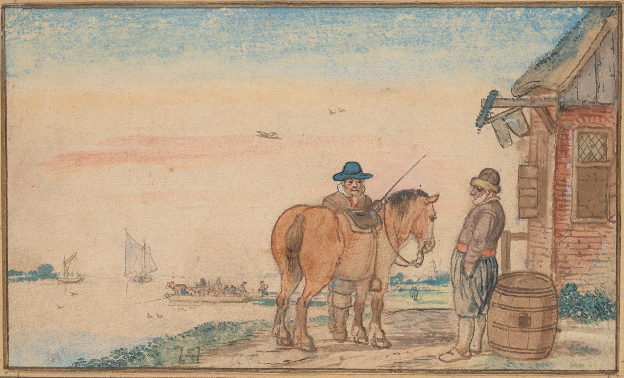 Un cavalier parlant à un homme devant une auberge - Hendrick Avercamp
