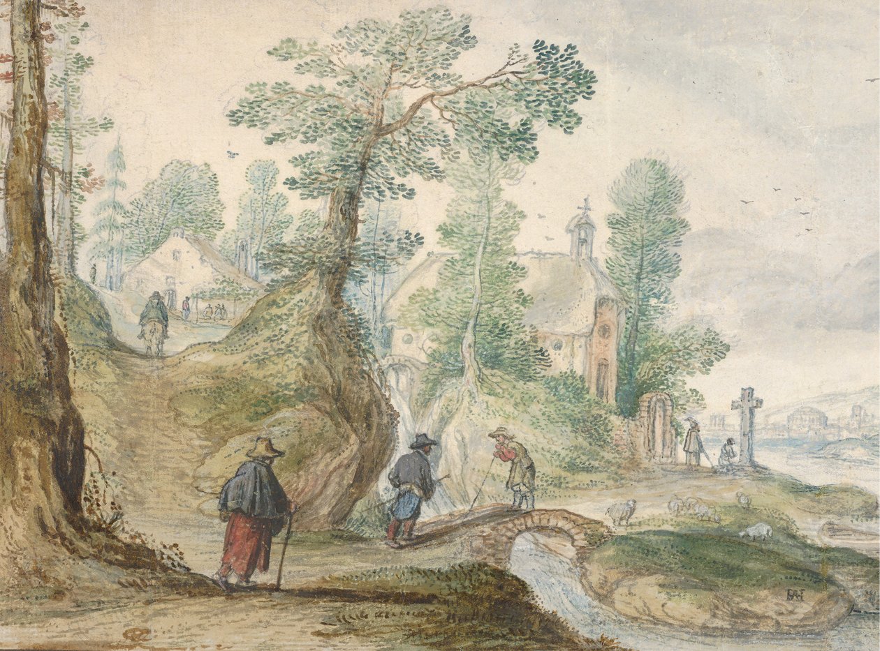 Paysage fluvial boisé avec une église et des figures, vers 1613 - Hendrick Avercamp