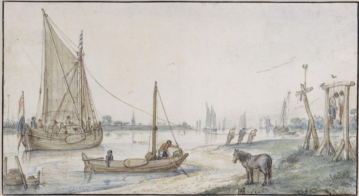 Paysage fluvial, avec un voilier remorqué ; au premier plan à droite, une potence sur laquelle sont pendus deux hommes - Hendrick Avercamp