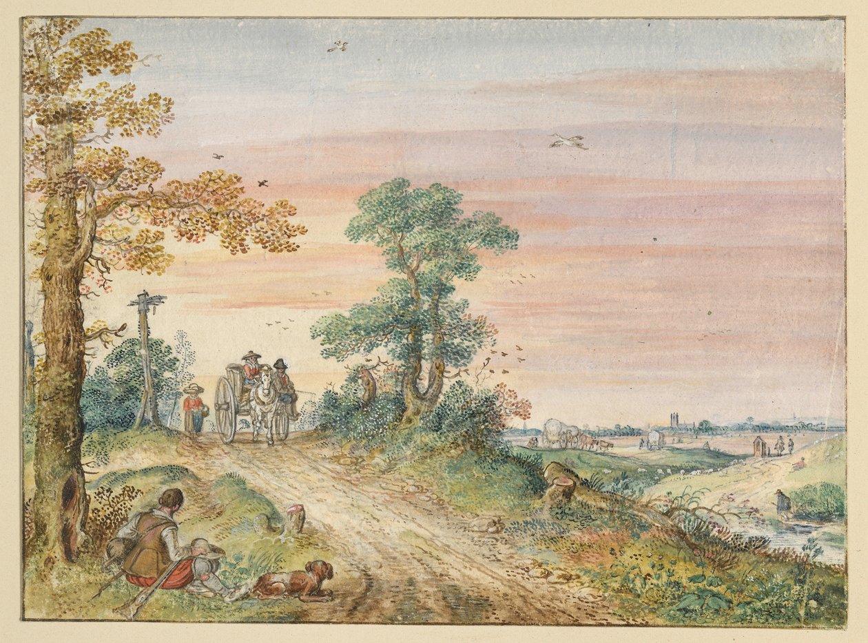 Route de campagne avec une charrette tirée par des chevaux - Hendrick Avercamp