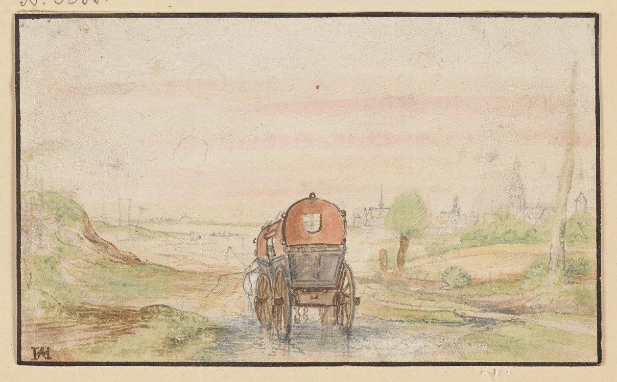 Route de campagne avec une voiture rouge - Hendrick Avercamp