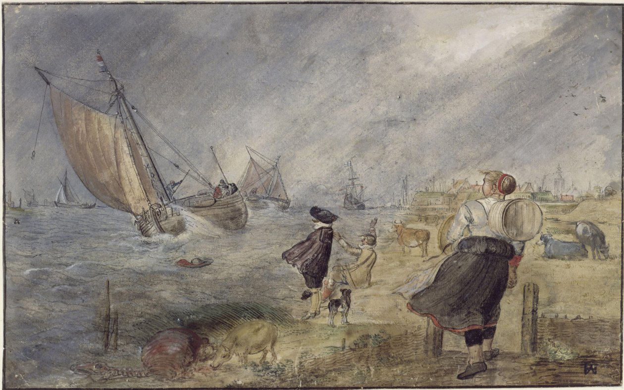 Rive de lac dans la tempête avec personnages - Hendrick Avercamp