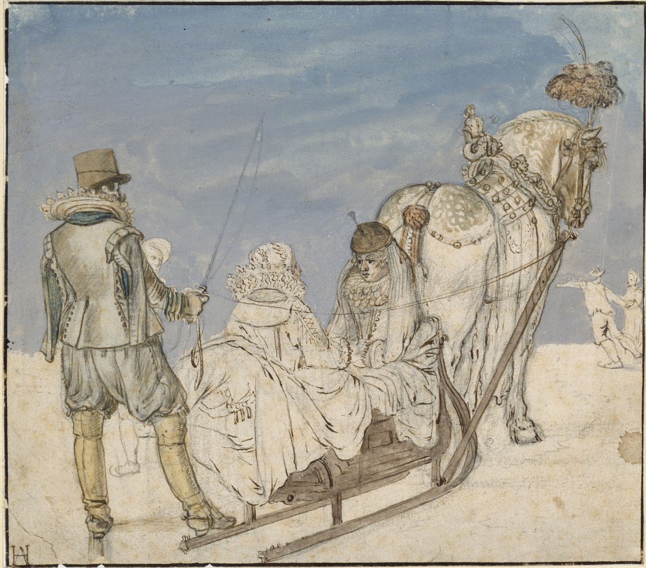 Hiver : traîneaux sur la glace avec deux dames et un gentilhomme - Hendrick Avercamp