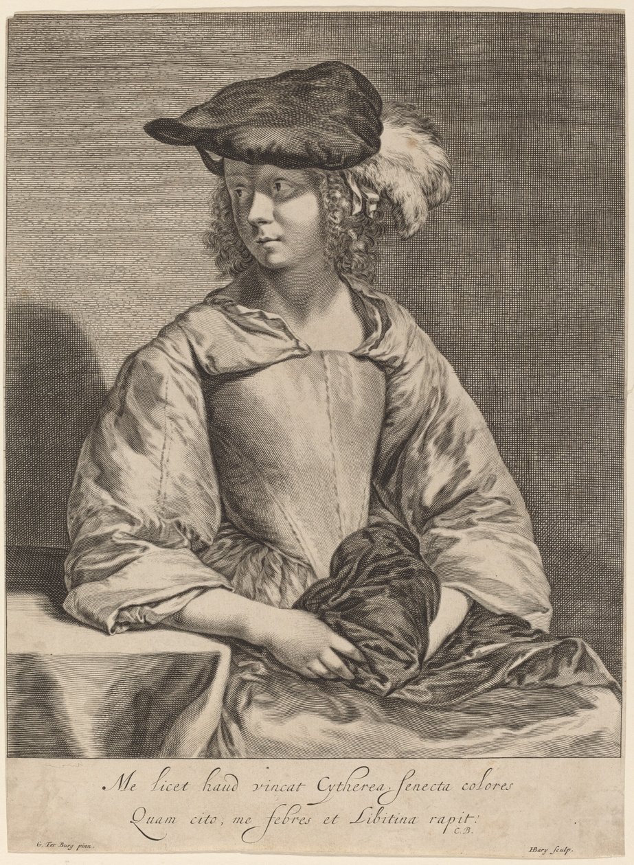 Fille avec un chapeau à plumes - Hendrick Bary after Gerard ter Borch the Younger
