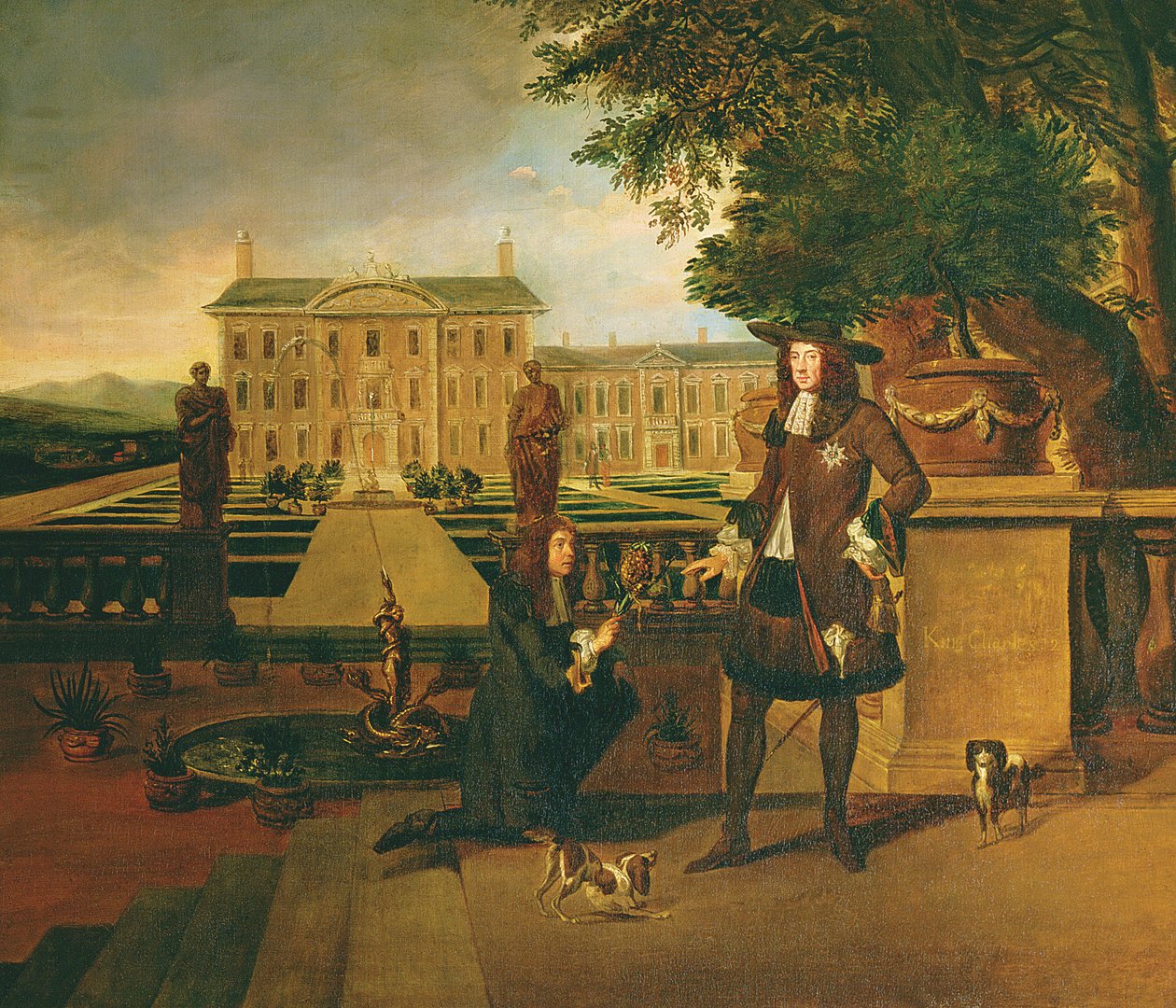 John Rose (c.1621-77) le jardinier du roi, présentant à Charles II (1630-85) un ananas, supposément le premier cultivé en Angleterre à Dorney Court dans le Berkshire - Hendrick Danckerts