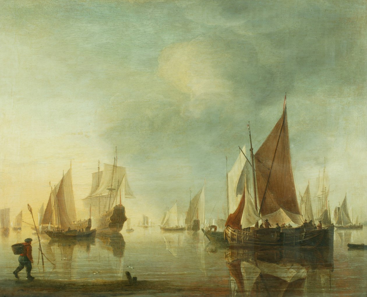 Navires au mouillage en mer calme; lumière du soir, c.1650-60 - Hendrick Dubbels
