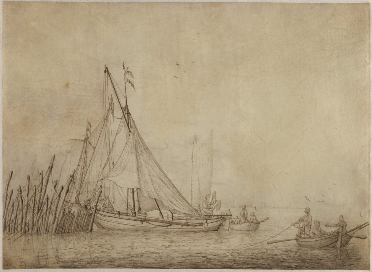 Navires à un barrage de pêche avec une ville en arrière-plan - Hendrick Dubbels