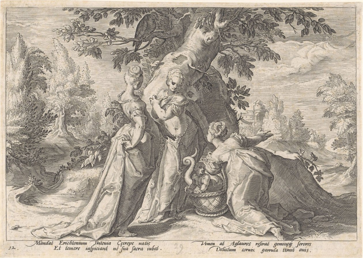 Les filles de Cécrops ouvrent le panier de Minerve - Hendrick Goltzius (workshop of)