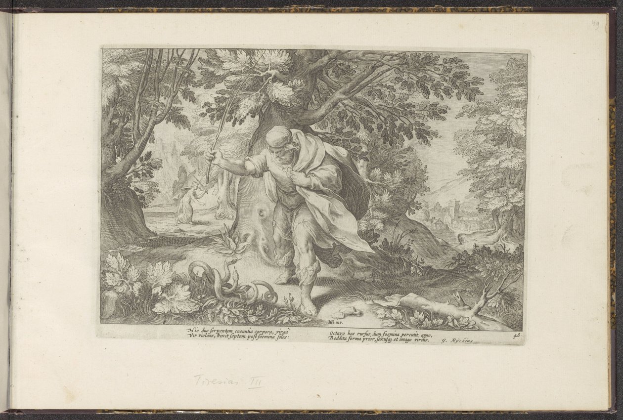 Tirésias frappe deux serpents accouplés - Hendrick Goltzius (workshop of)