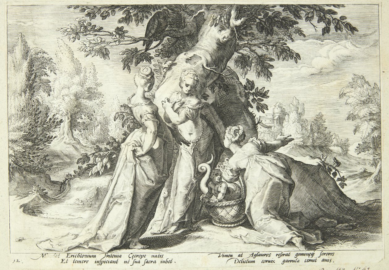 Les filles de Cécrops ouvrent le panier confié par Minerve - Hendrick Goltzius