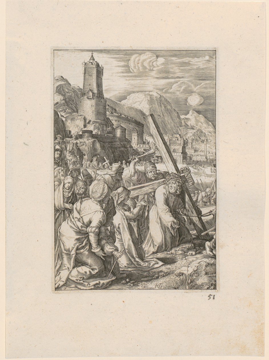 Le portement de croix, feuille 9 de la série « La Passion » - Hendrick Goltzius