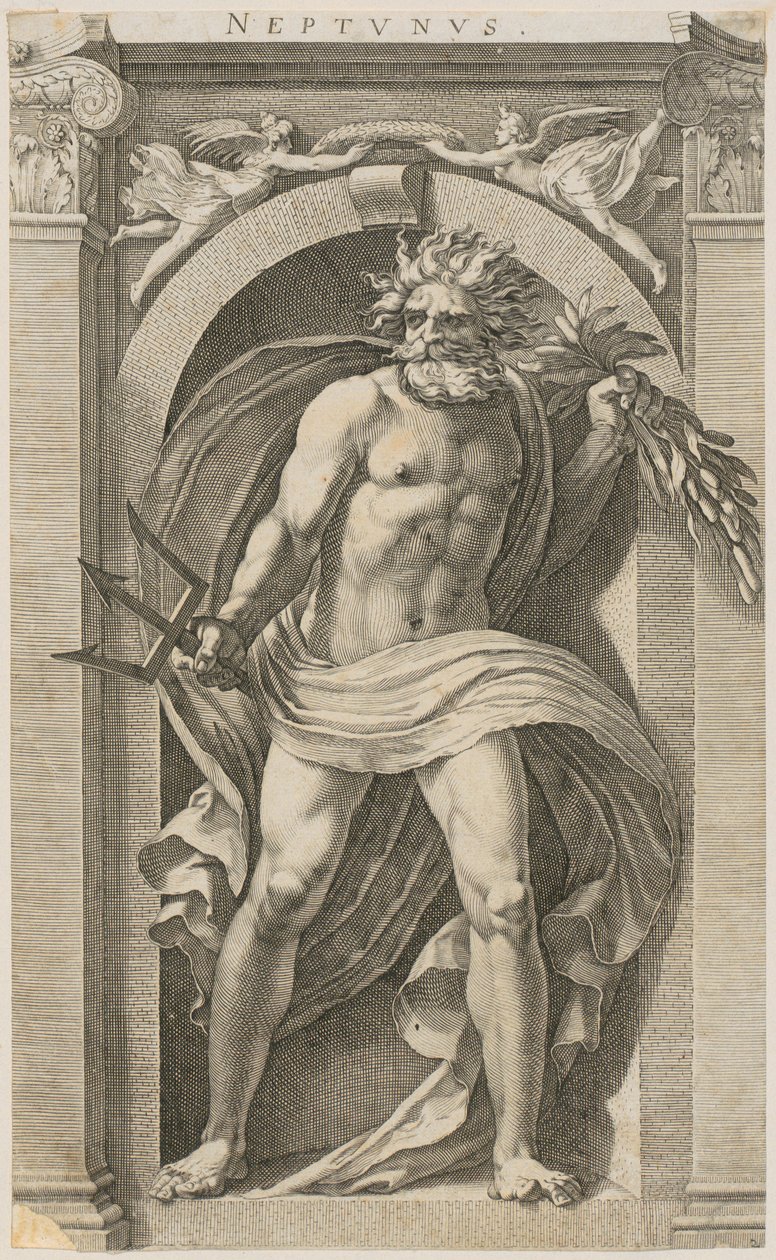 Neptune, feuille n° 2 de la série « Huit divinités antiques » - Hendrick Goltzius