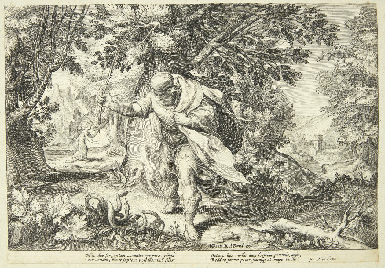Tirésias frappe deux serpents accouplés avec son bâton - Hendrick Goltzius