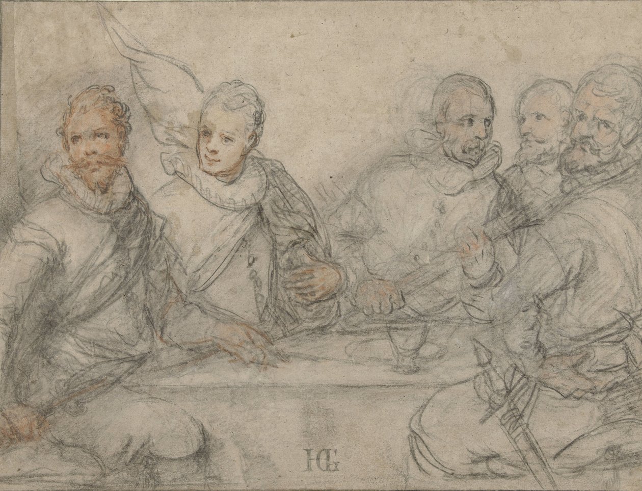 Cinq officiers, étude pour un banquet de tireurs - Hendrick Goltzius