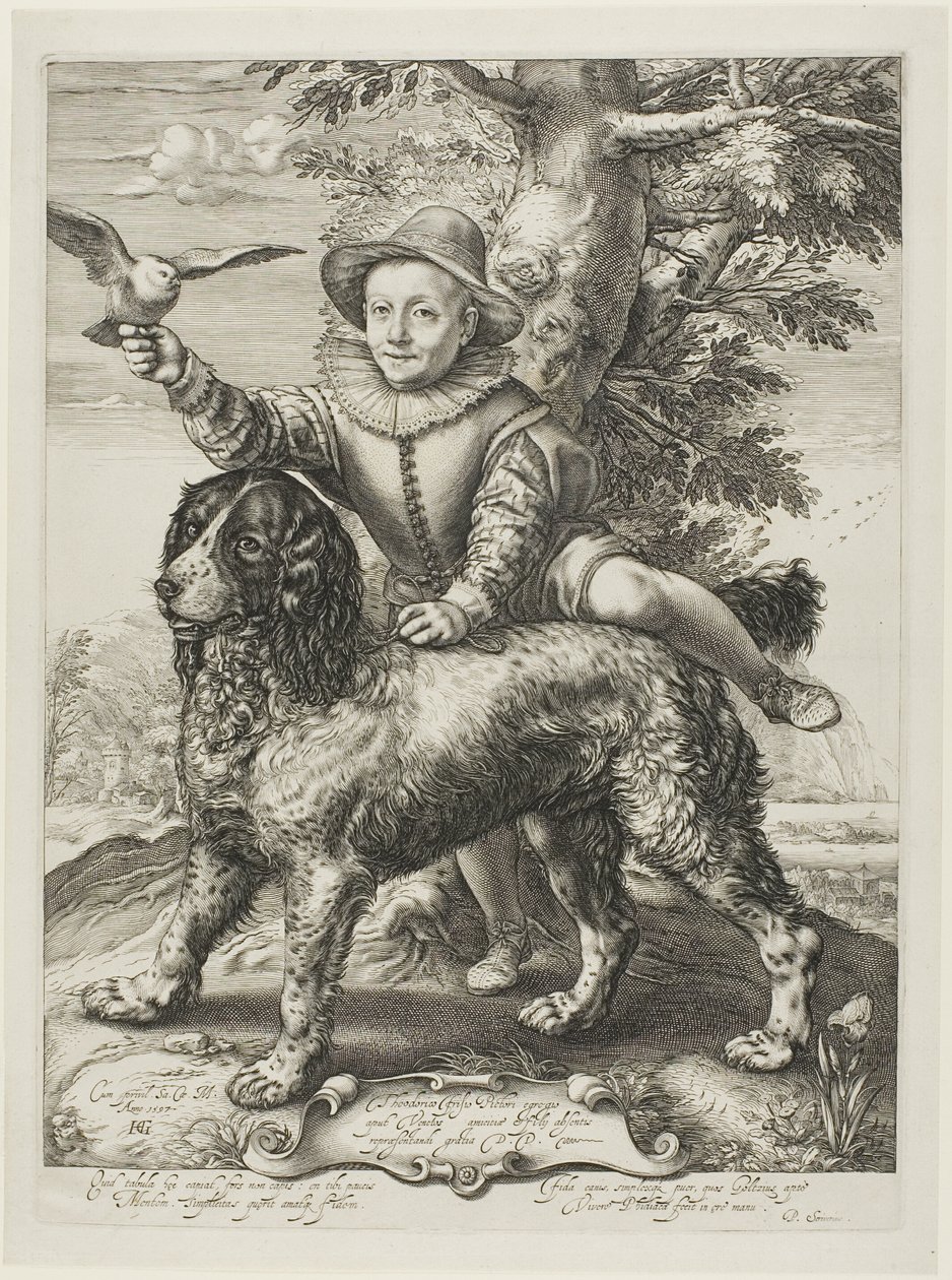 Vries, Frederik de (mort en 1613) fils du peintre Dirck de Vries, élève de Goltzius, avec le chien de Goltzius - Hendrick Goltzius