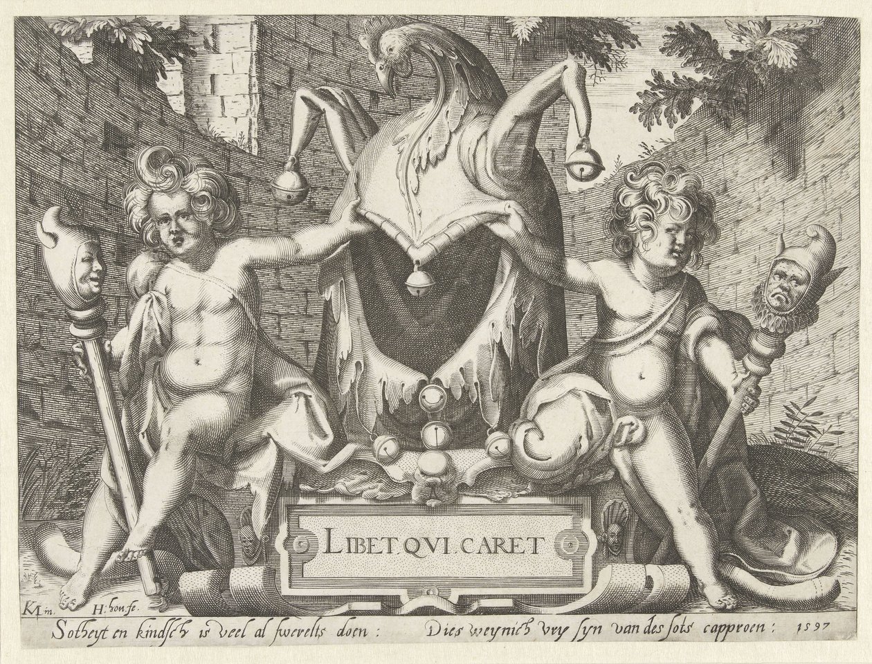 Deux putti avec un bonnet de fou - Hendrick Hondius (I)
