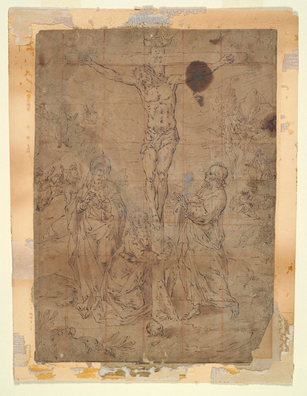 Christ en croix entre la Vierge et Saint Jean avec des scènes de la Passion en arrière-plan - Hendrick de Clerck
