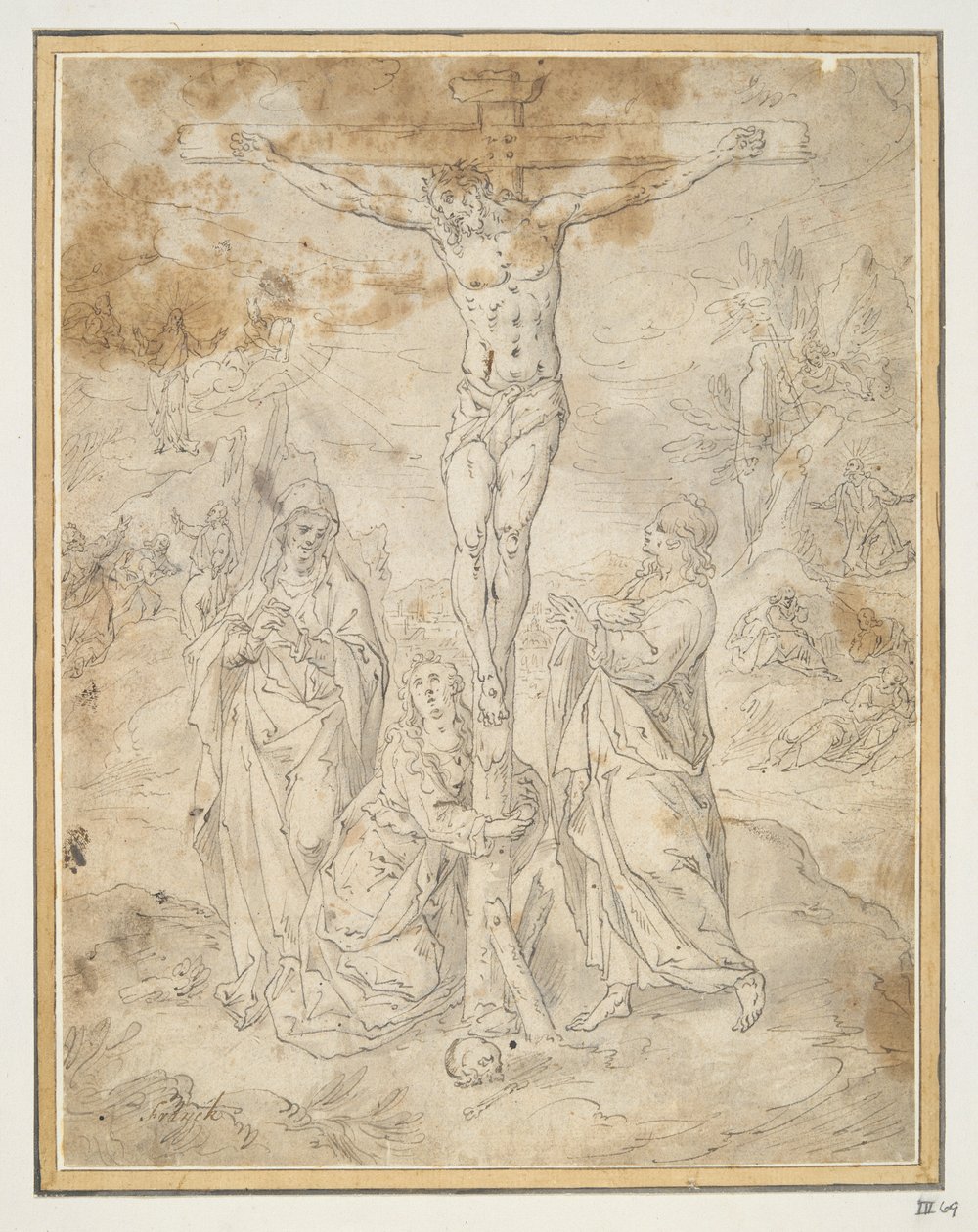 Christ en croix entre la Vierge et Saint Jean avec des scènes de la Passion en arrière-plan - Hendrick de Clerck