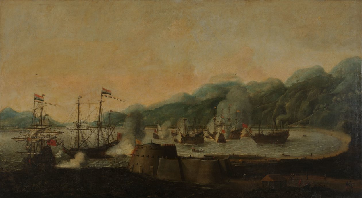 Une escadre hollandaise sous le commandement de Cornelis Simonsz van der Veer attaquant par surprise trois galions portugais dans la baie de Goa Velha, le 30 septembre 1639 - Hendrick van Anthonissen