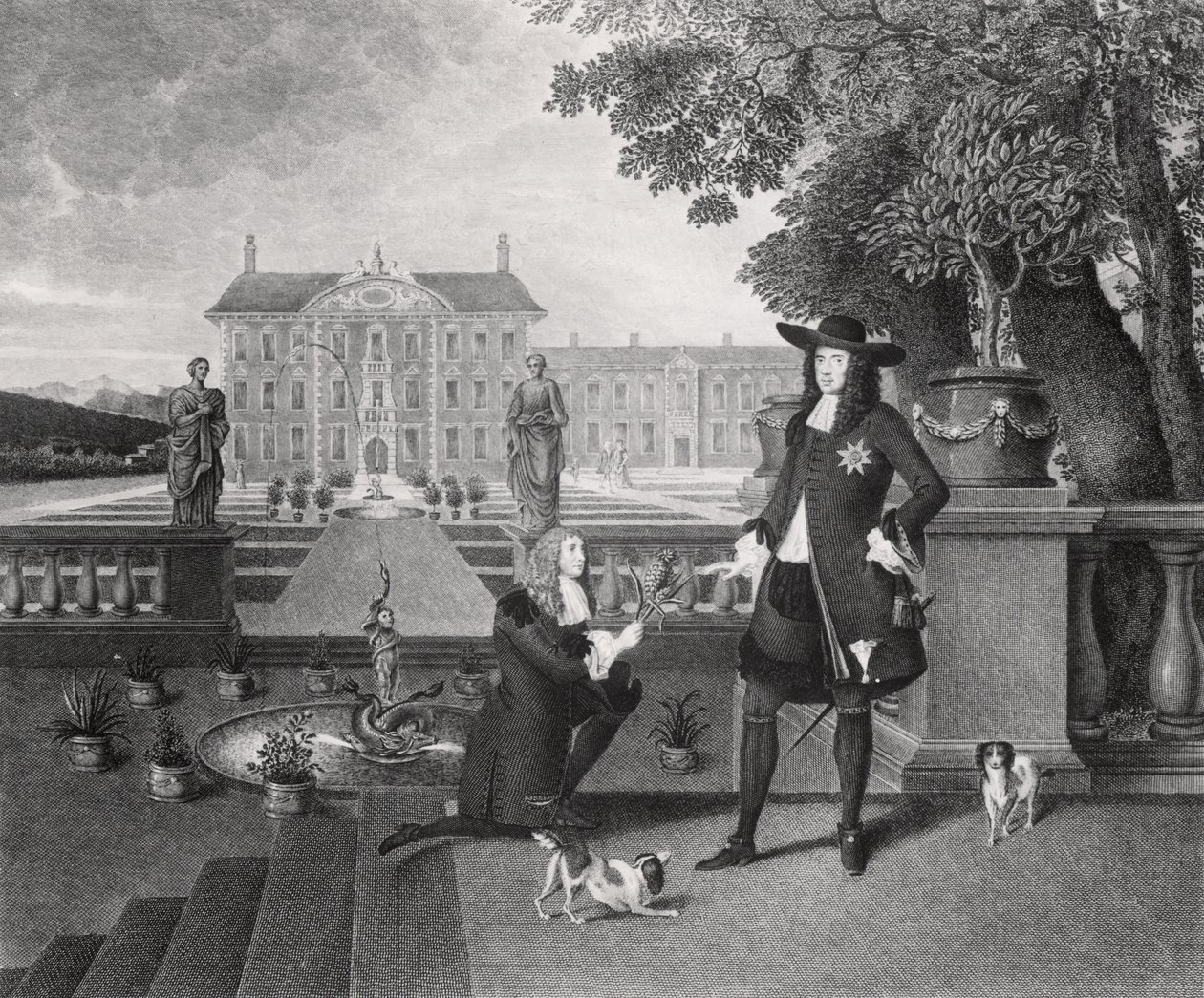 John Rose (c.1621-77) le Jardinier du Roi, Présentant à Charles II (1630-85) le Premier Ananas Cultivé en Angleterre, à Dorney Court, c.1670 - Hendrick Danckerts