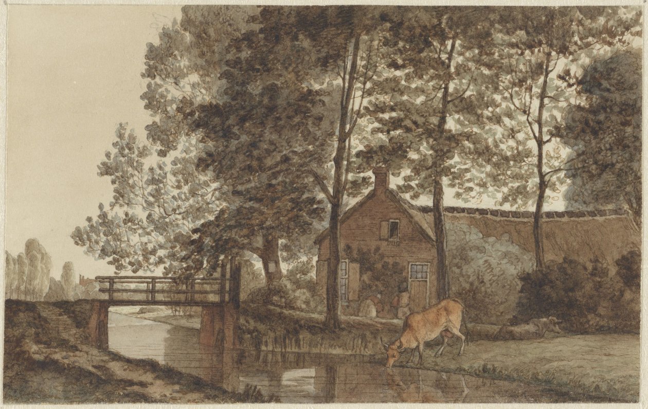 Ferme avec vache buvant à la Biltstraat à Utrecht - Hendrik Abraham Klinkhamer