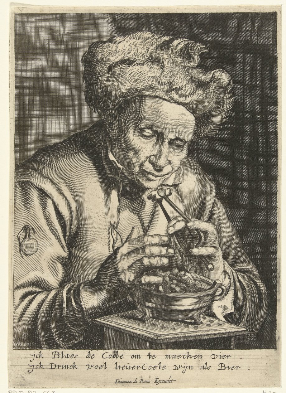Un vieil homme qui souffle sur un charbon - Hendrik Bary