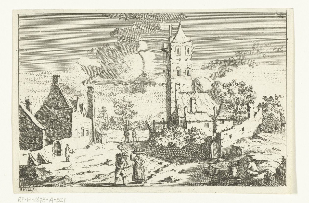 Vue de village avec maisons et tour sur un chemin de sable avec des figures - Hendrik Berg
