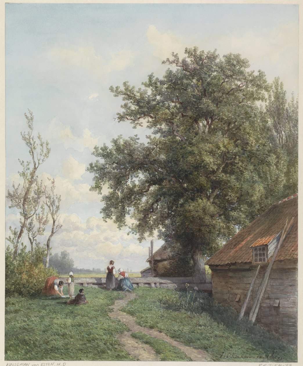 Ferme avec quelques figures, à droite une grange et un grand arbre - Hendrik Dirk Kruseman van Elten