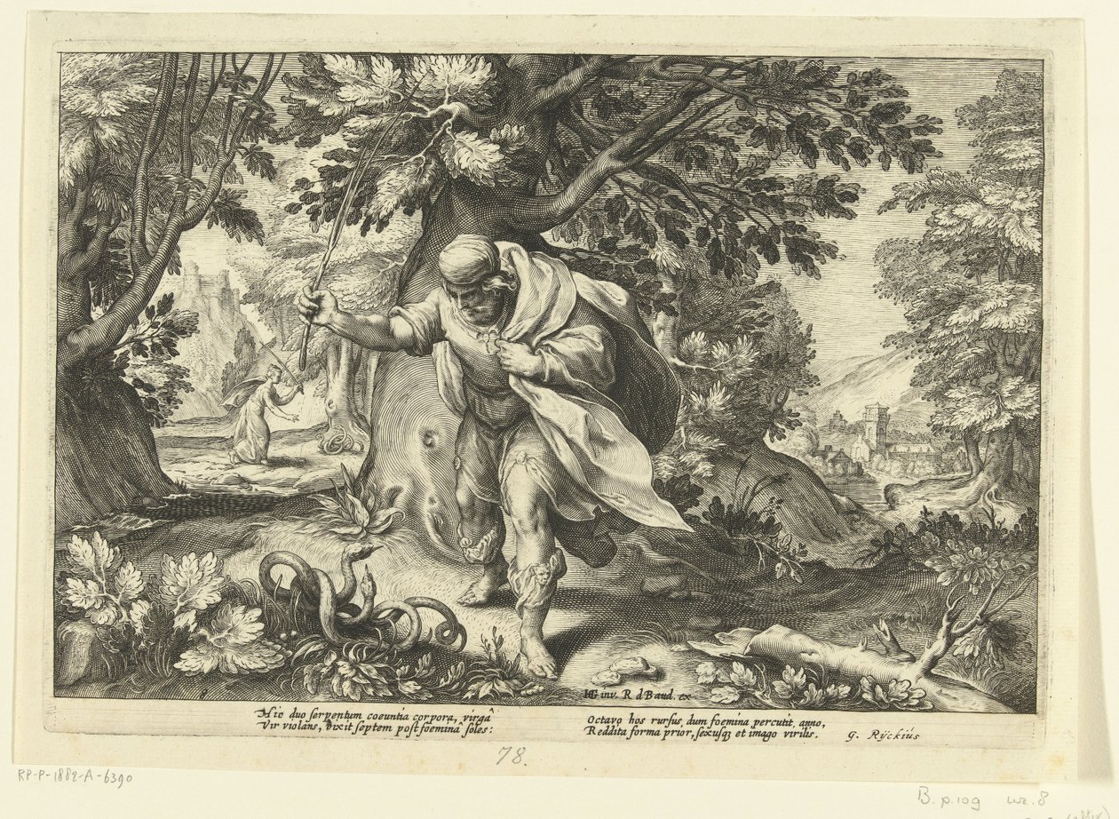 Tirésias bat deux serpents accouplés, d