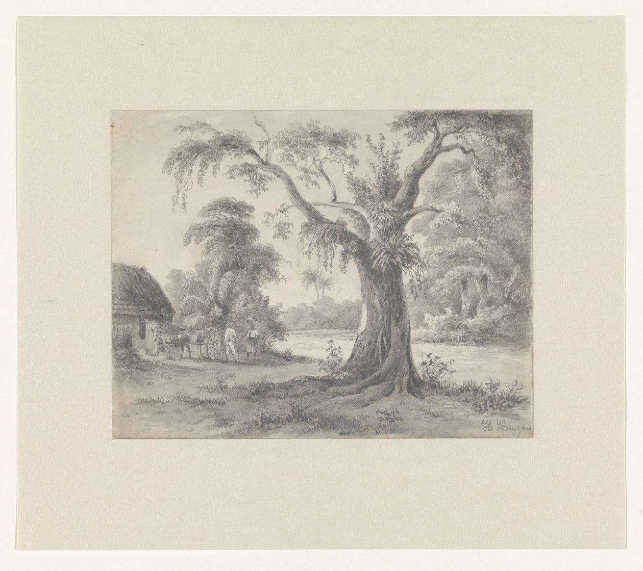 Paysage avec un arbre et une cabane avec cheval et chariot et deux personnages - Hendrik Huygens (signed by artist)