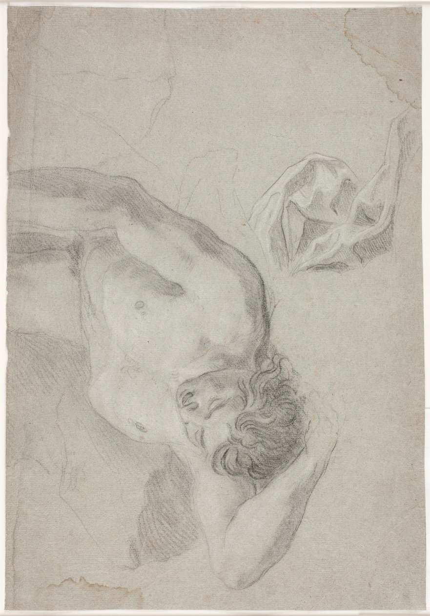 Étude de modèle masculin, allongé sur le dos, étude de genou et de draperie - Hendrik Krock