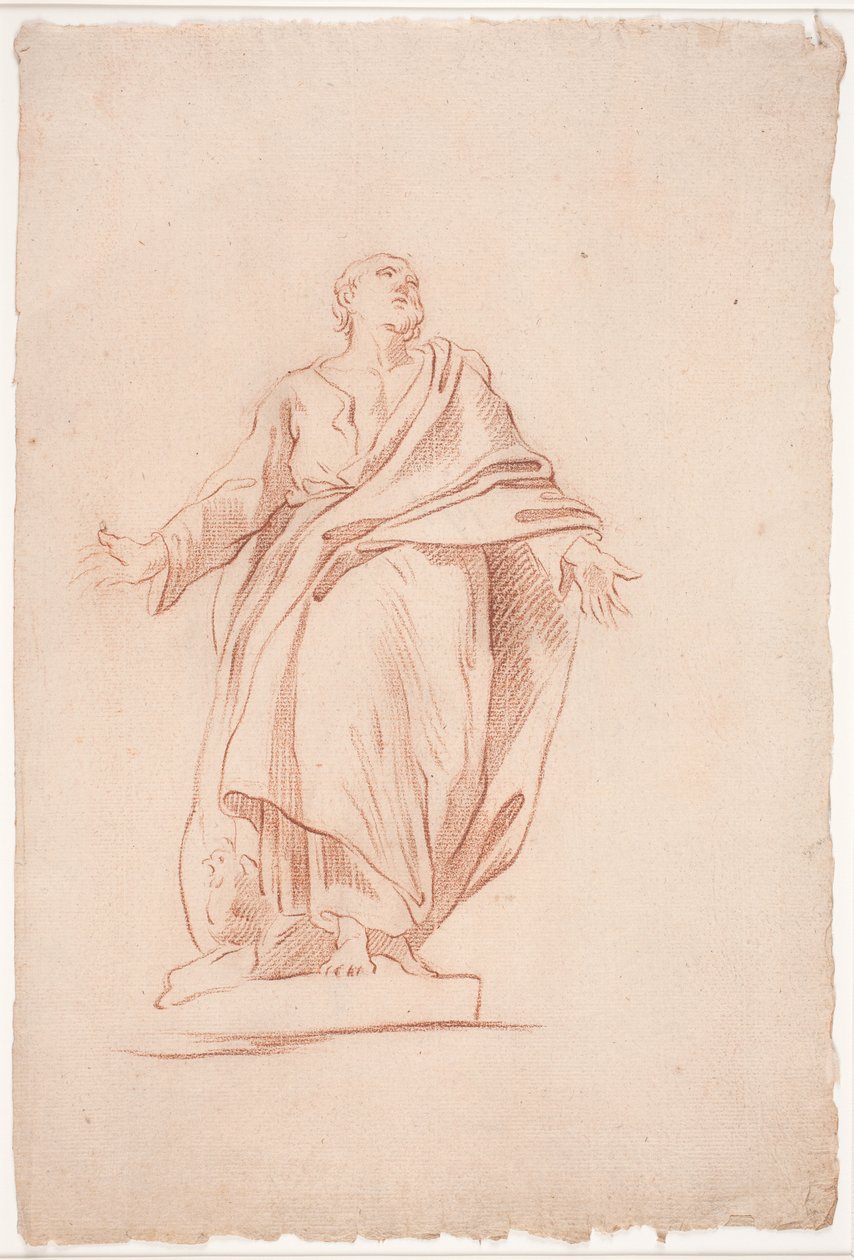 Homme debout avec les bras écartés, sur un socle. (Étude d