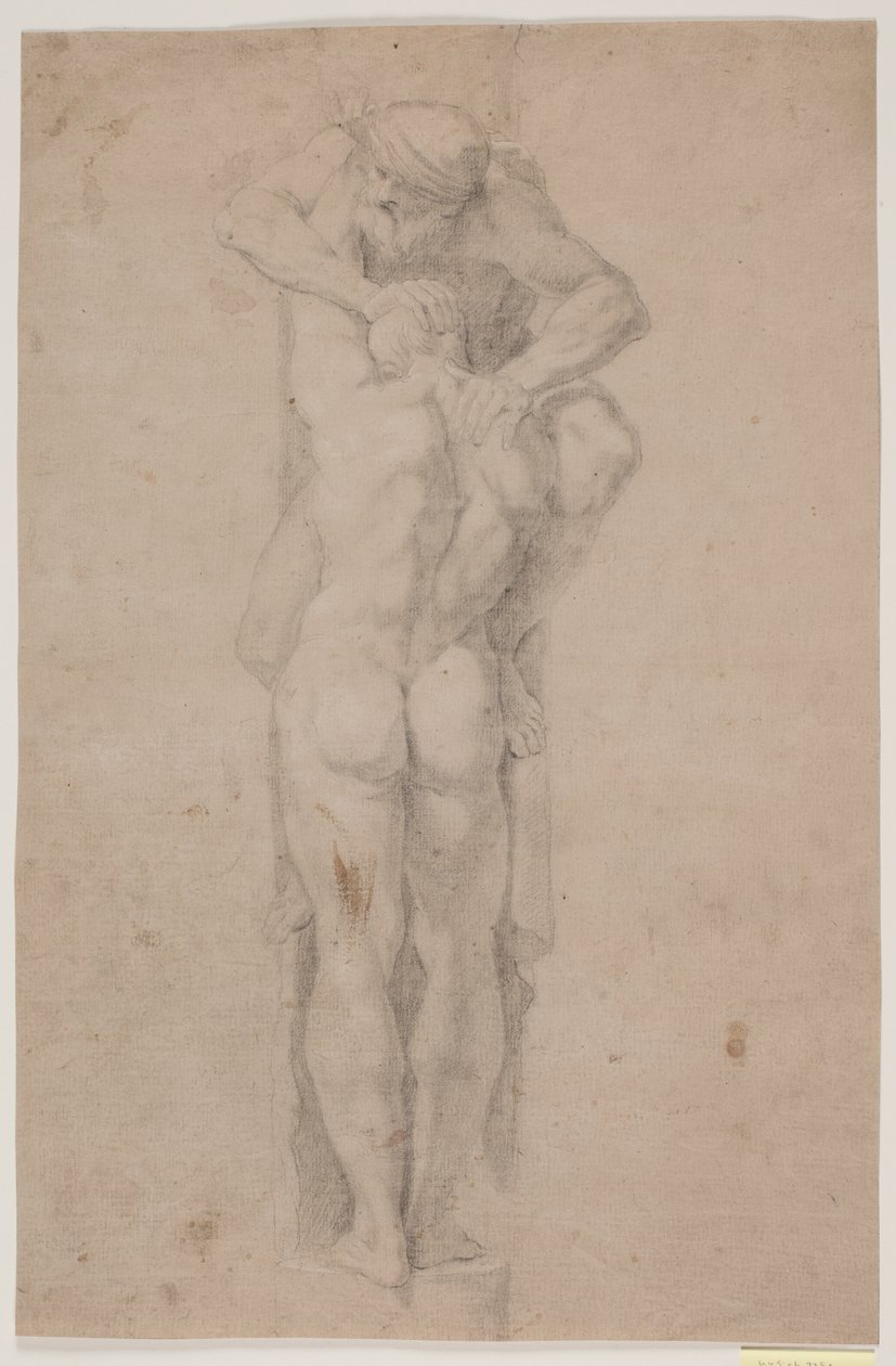 Figure masculine debout, tenant (ou pressée) par un homme barbu - Hendrik Krock