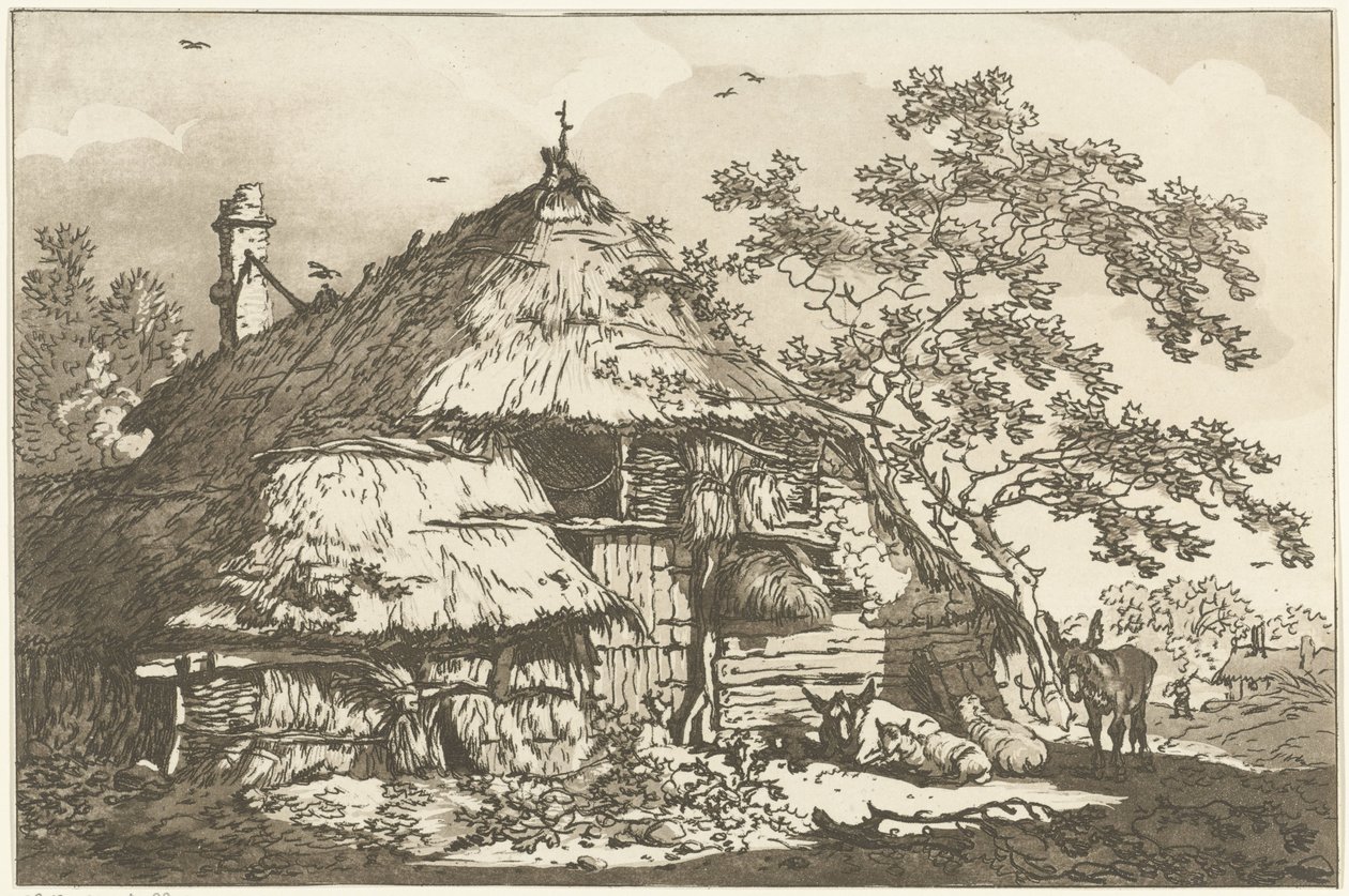 Ferme avec une vache, deux moutons et un âne dans la cour - Hendrik Meijer