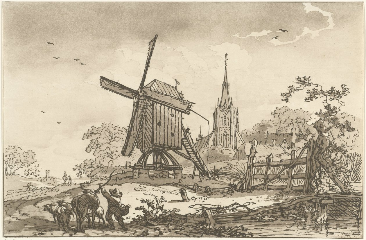 Paysage avec un moulin à vent et une église - Hendrik Meijer