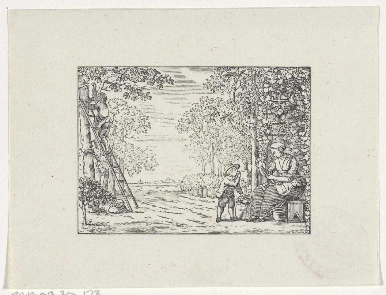 Femme dans un verger épluchant une pomme pour un garçon - Hendrik Numan