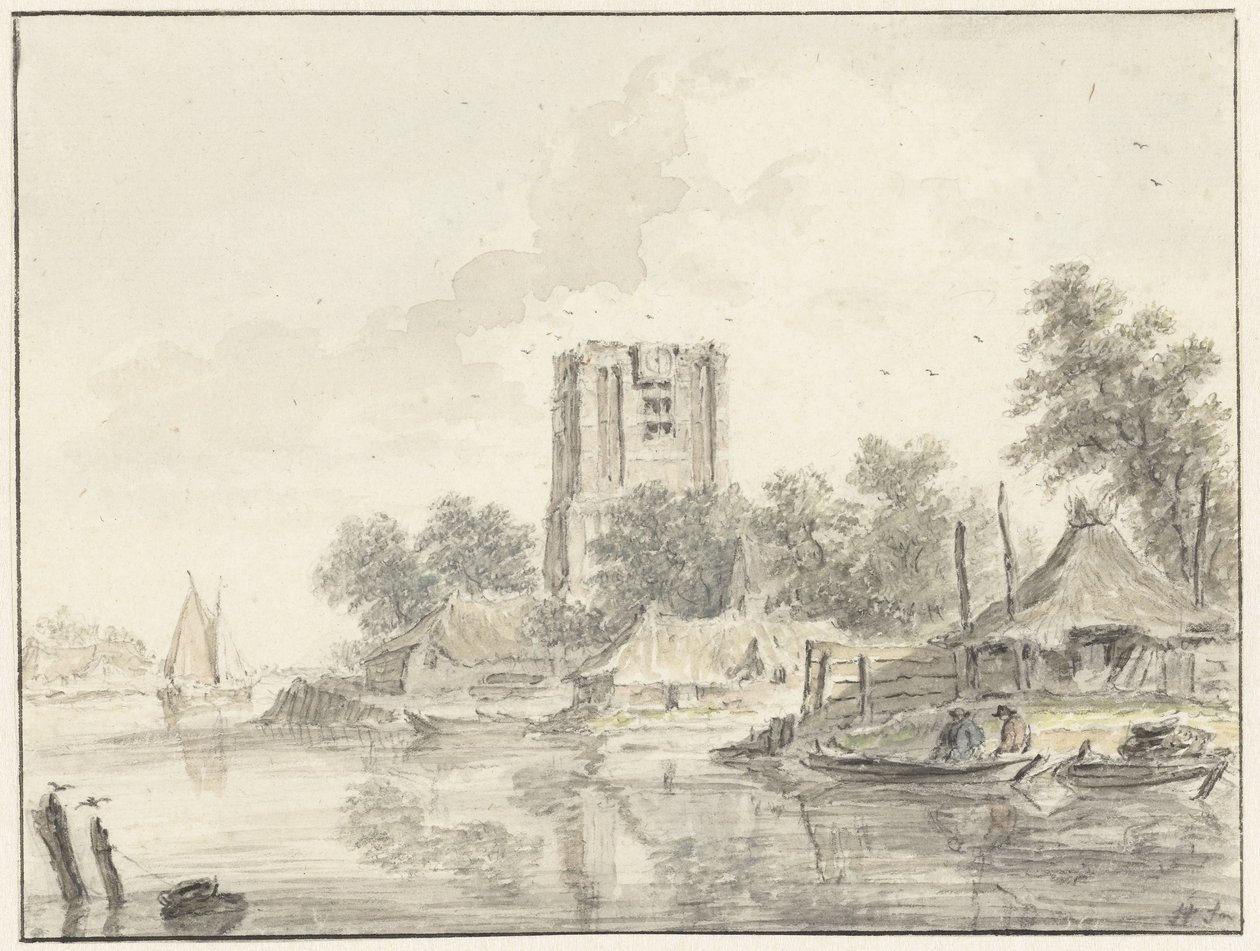 Paysage fluvial avec une grande tour d