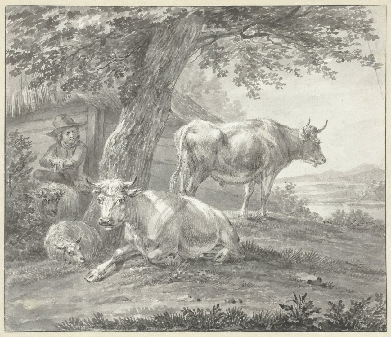 Deux vaches et deux moutons sous un arbre près d