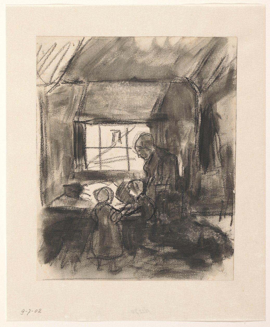 Intérieur avec femme et deux petits enfants - Hendrik Valkenburg