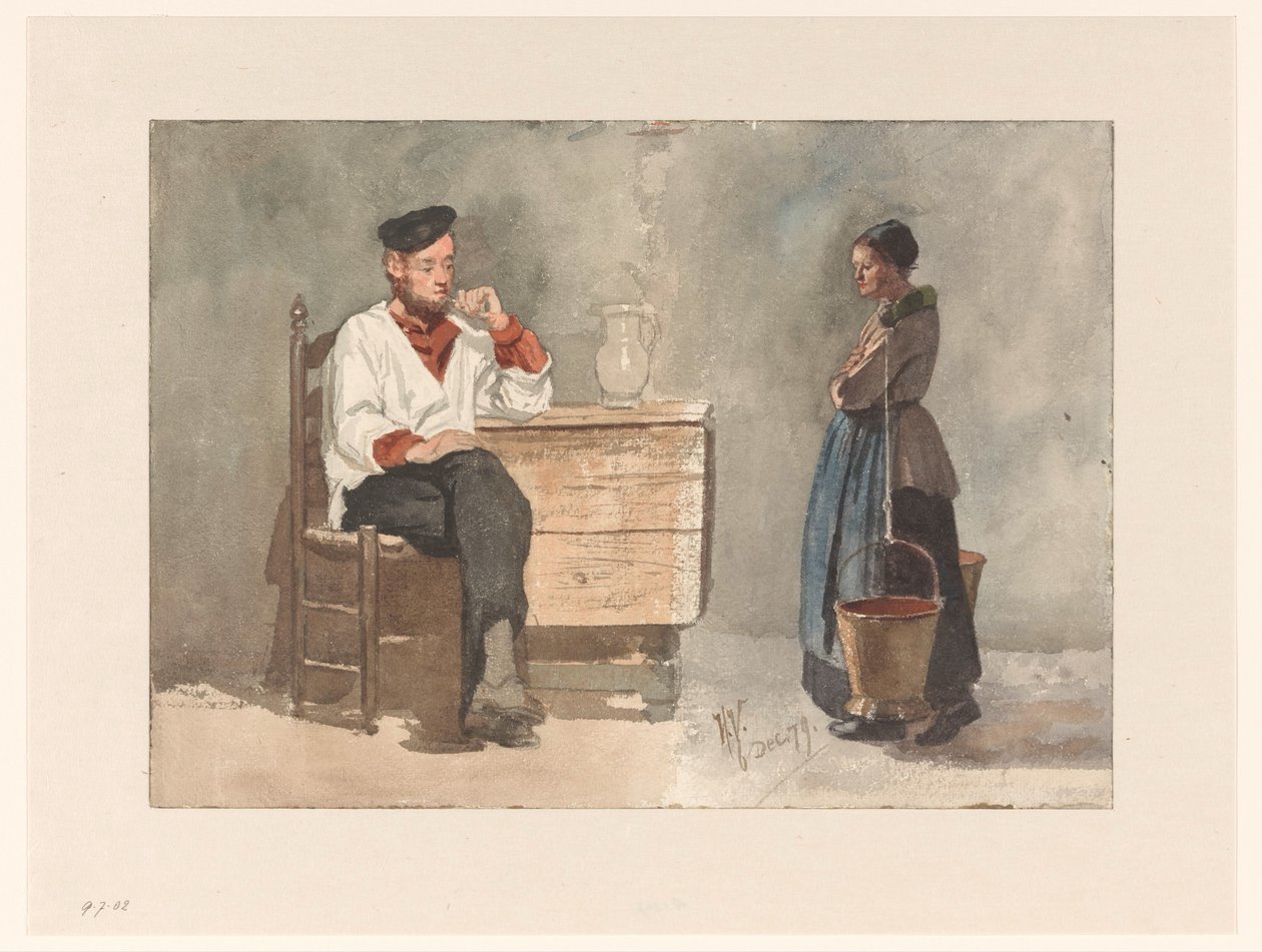 Marin fumant, femme avec joug et seaux de lait - Hendrik Valkenburg