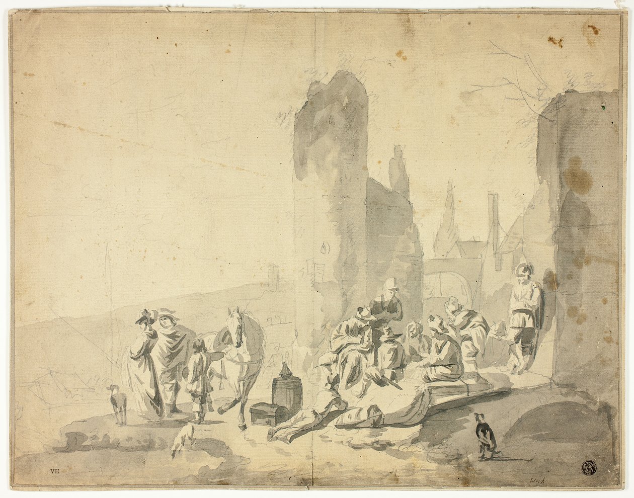 Scène portuaire avec divers personnages - Hendrik Verschuring