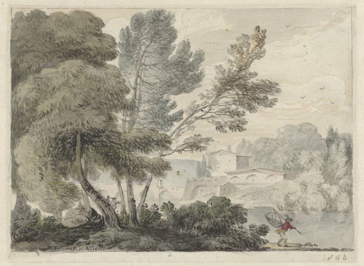 Paysage fluvial avec un homme au premier plan avec un filet à main - Hendrik van der Straaten (possibly)