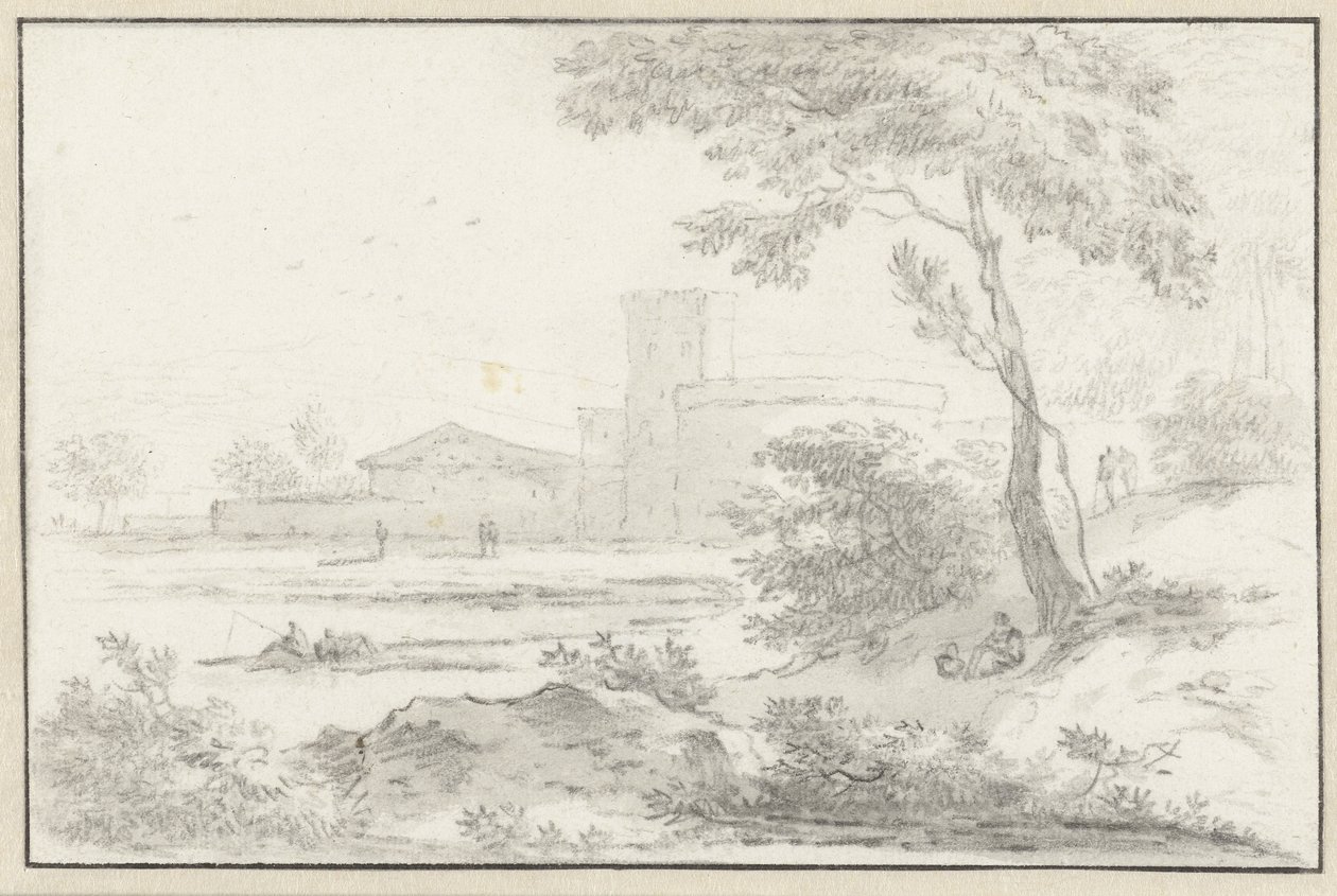 Paysage italianisant avec bâtiment fortifié en arrière-plan - Hendrik van der Straaten