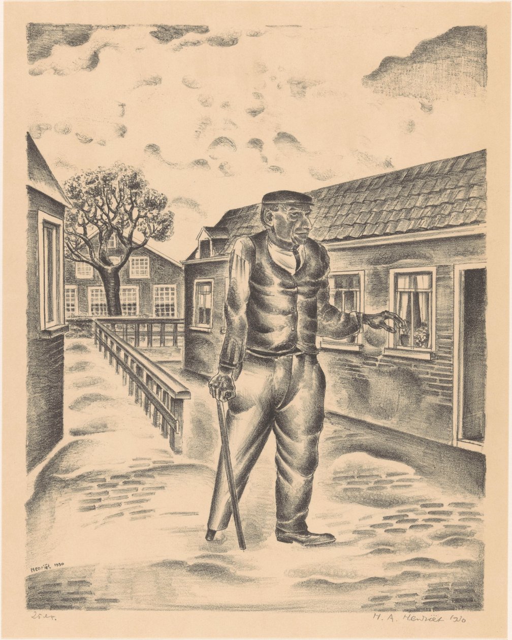 Homme avec une jambe de bois et une canne - Henk Henriët (signed by artist)