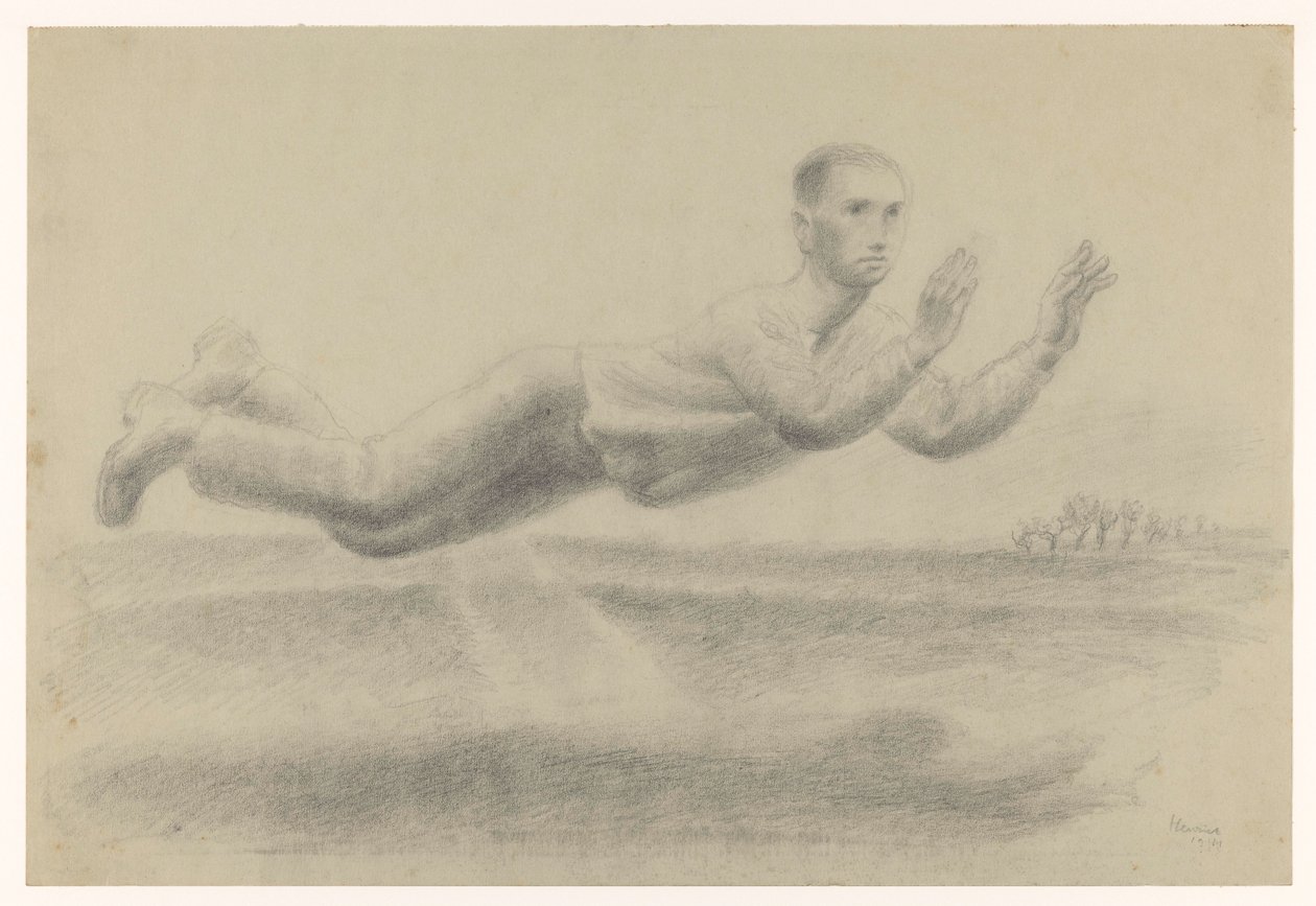 Autoportrait avec les mains levées flottant dans un paysage - Henk Henriët (signed by artist)