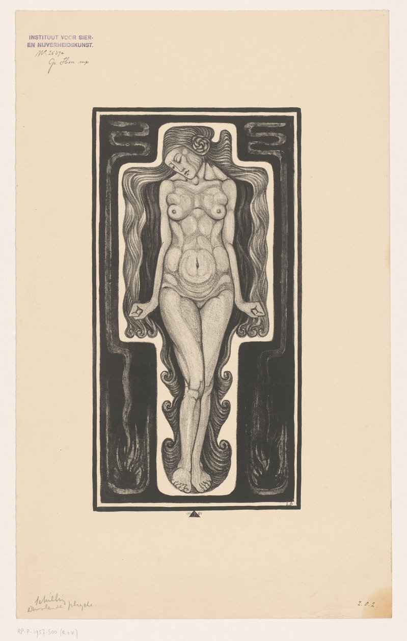 Femme nue debout avec de longs cheveux - Henk Schilling